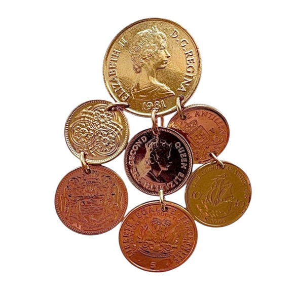 Golden Caribbean 9 Coin Brooch / Pin by The Franklin Mint  Golden Caribbean 9 Coin Brooch by The Franklin Mint 24kt electroplated